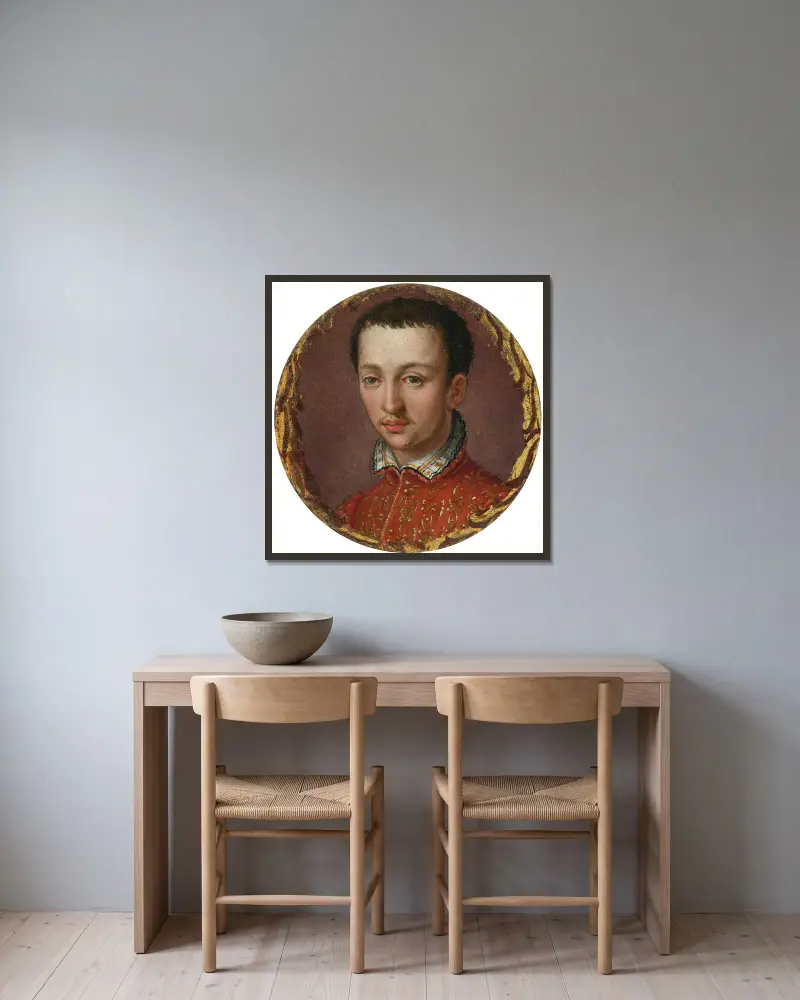 Porträt von Francesco I. de’ Medici von Alessandro Allori gerahmt an einer Wand