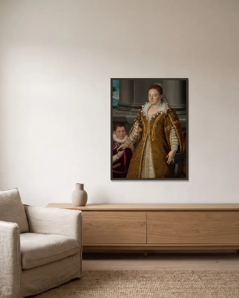 Porträtt av storhertiginnan Bianca Capello de Medici med sin son av Alessandro Allori inramad på en vägg