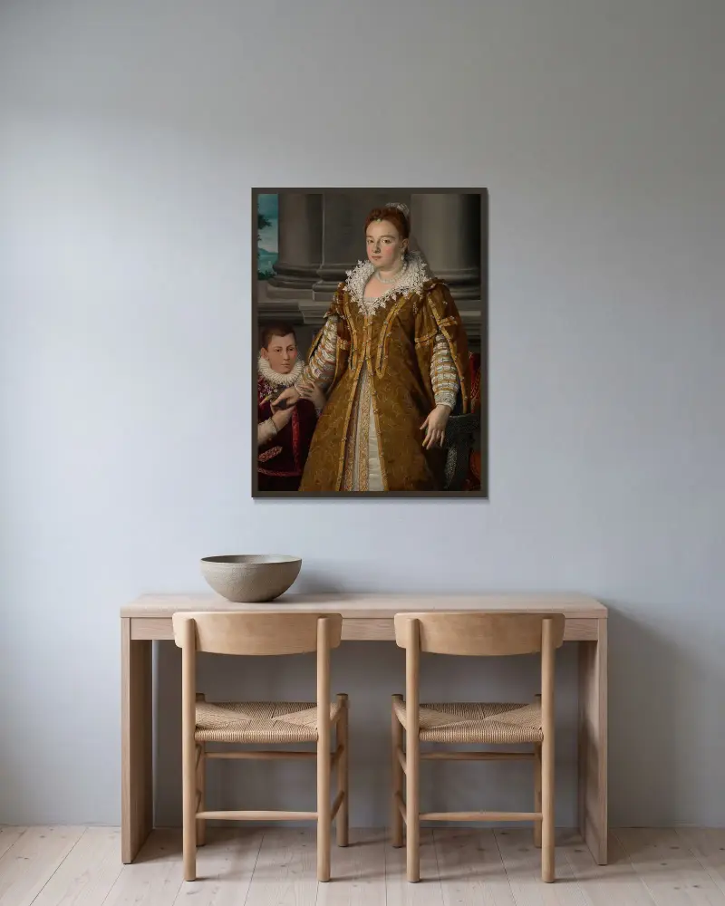 Porträtt av storhertiginnan Bianca Capello de Medici med sin son av Alessandro Allori inramad på en vägg