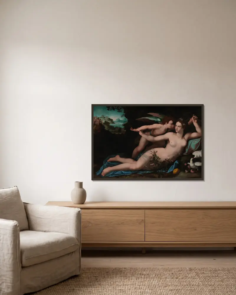 Venus Disarming Cupid av Alessandro Allori inramad på en vägg