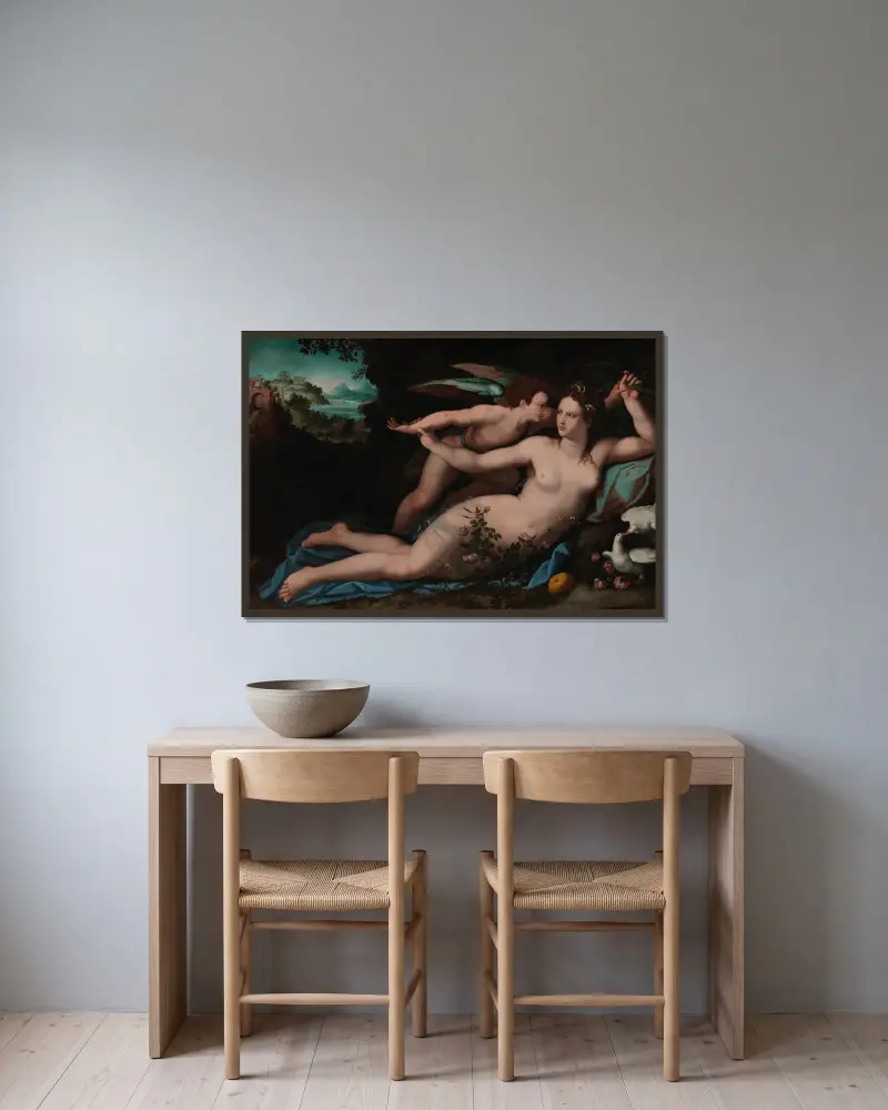 Venus Disarming Cupid av Alessandro Allori inramad på en vägg