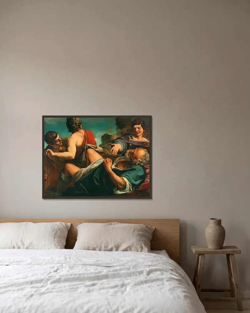 Die Trunkenheit Noahs von Alessandro Tiarini gerahmt an einer Wand