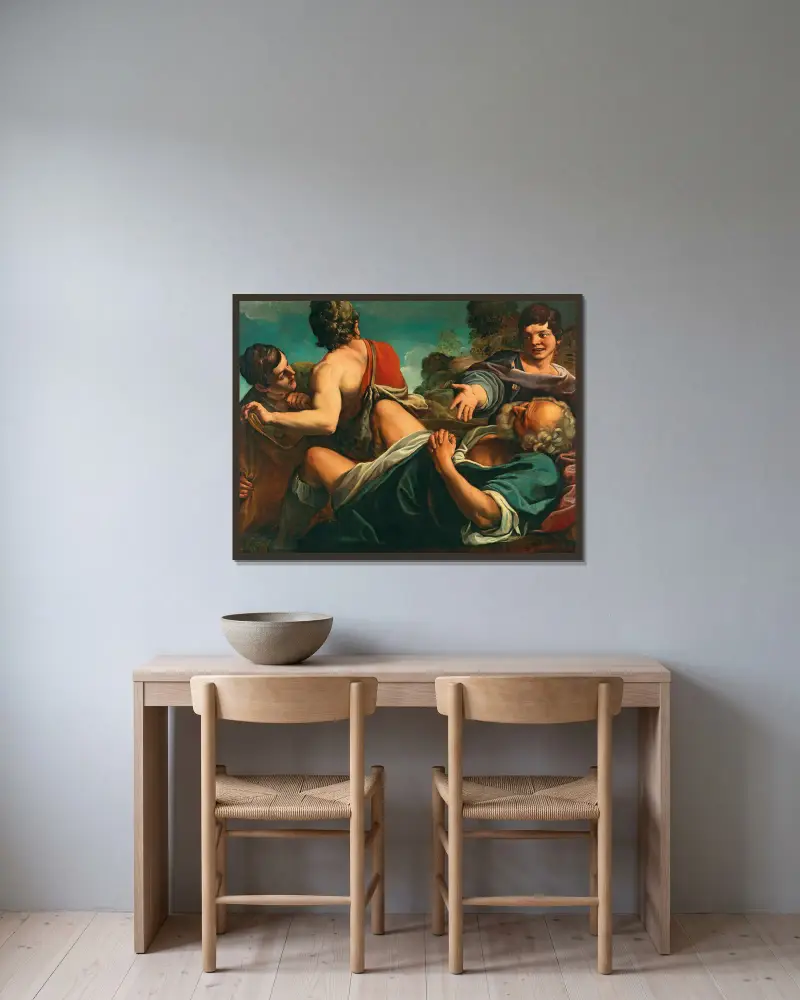 Die Trunkenheit Noahs von Alessandro Tiarini gerahmt an einer Wand