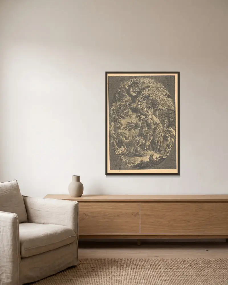 Jäger mit seinen Hunden und ihrer Beute von Alexander Anderson gerahmt an einer Wand