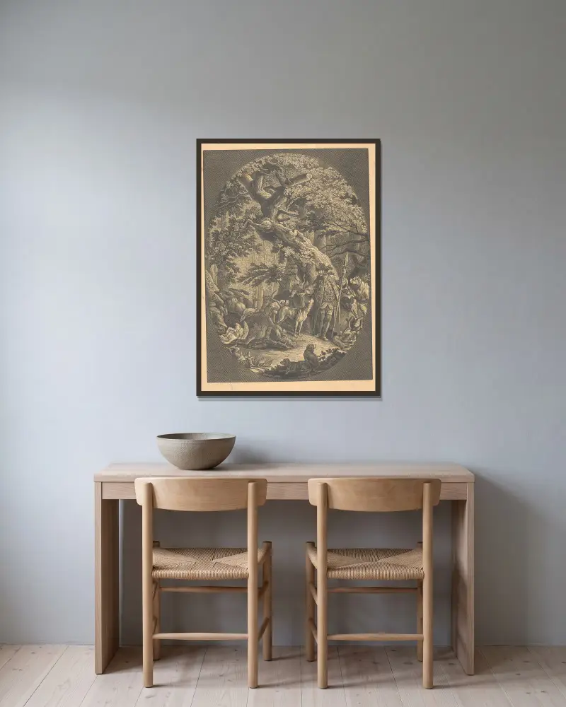 Jäger mit seinen Hunden und ihrer Beute von Alexander Anderson gerahmt an einer Wand