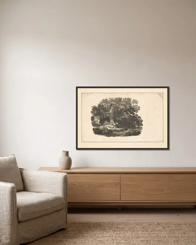 The seasons [Spring; Man fishing in stream, horizontal view]. av Alexander Anderson inramad på en vägg