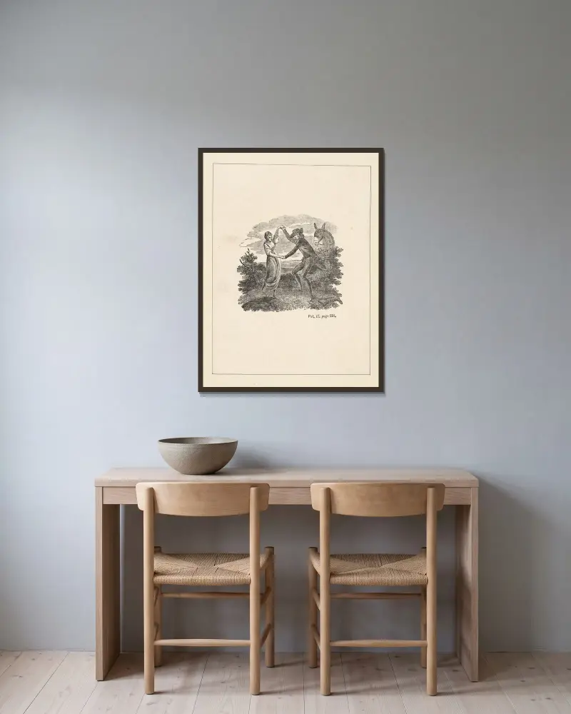 Tristram Shandy [Par dansande nära en åsna] av Alexander Anderson inramad på en vägg