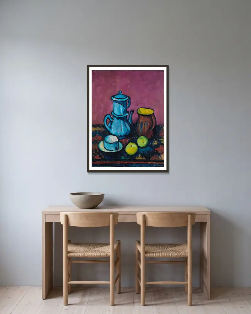 Still life with coffee tableware and apples av Alexander Kanoldt inramad på en vägg