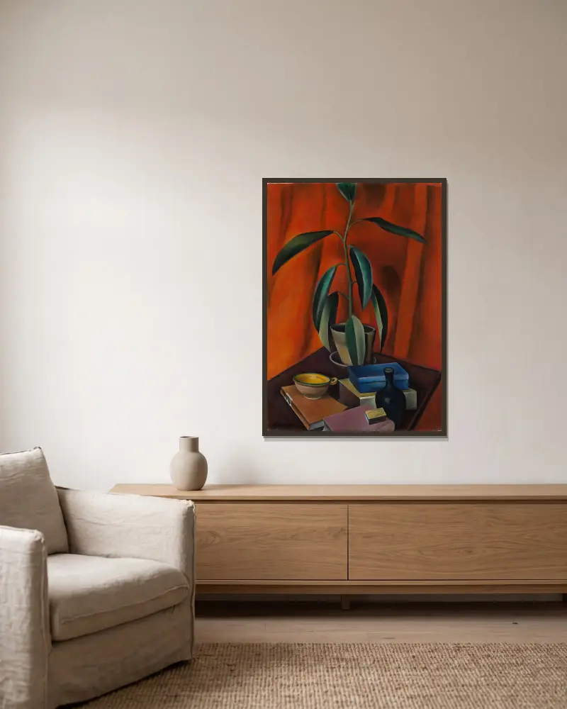 Still life with rubber tree av Alexander Kanoldt inramad på en vägg