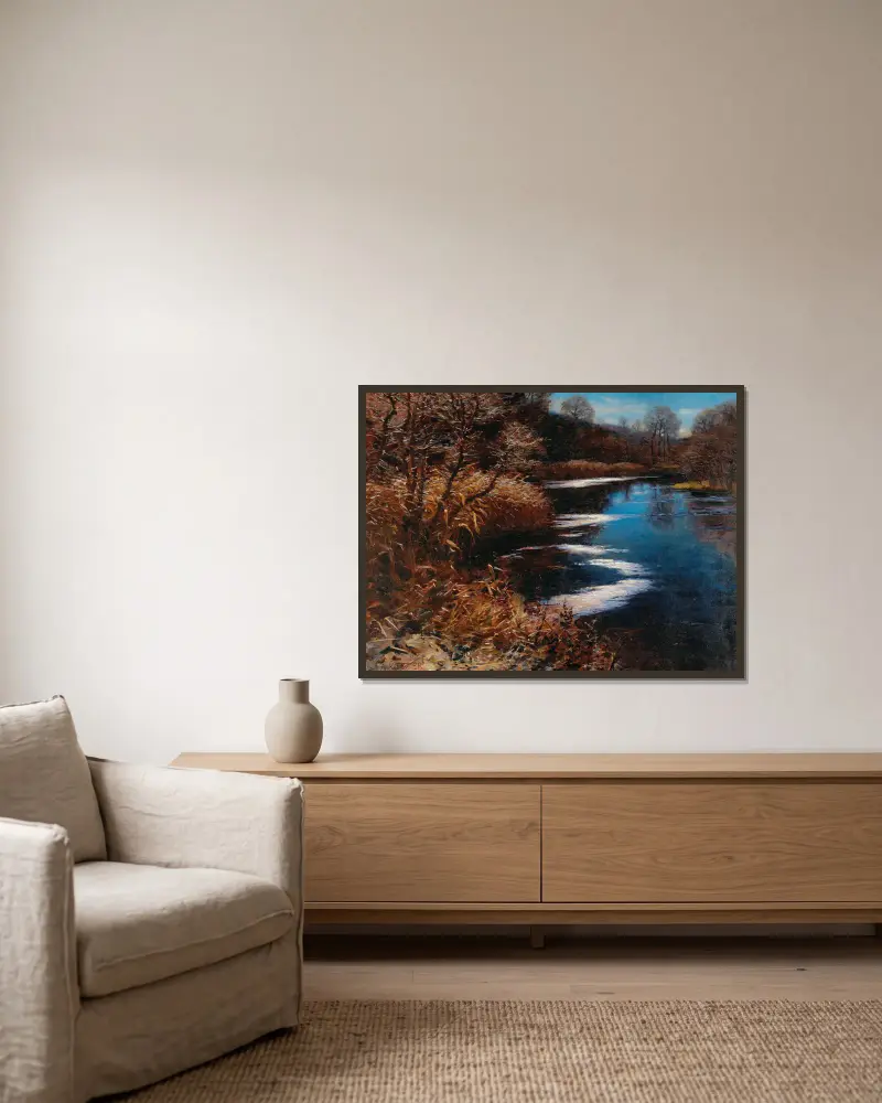 An oxbow lake, Brixen av Alexander Koester inramad på en vägg