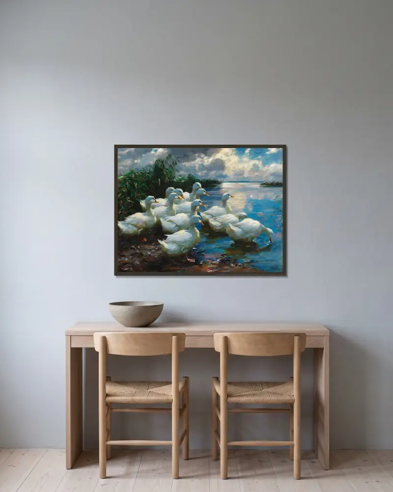Kaczki nad jeziorem, Alexander Koester w ramie na ścianie