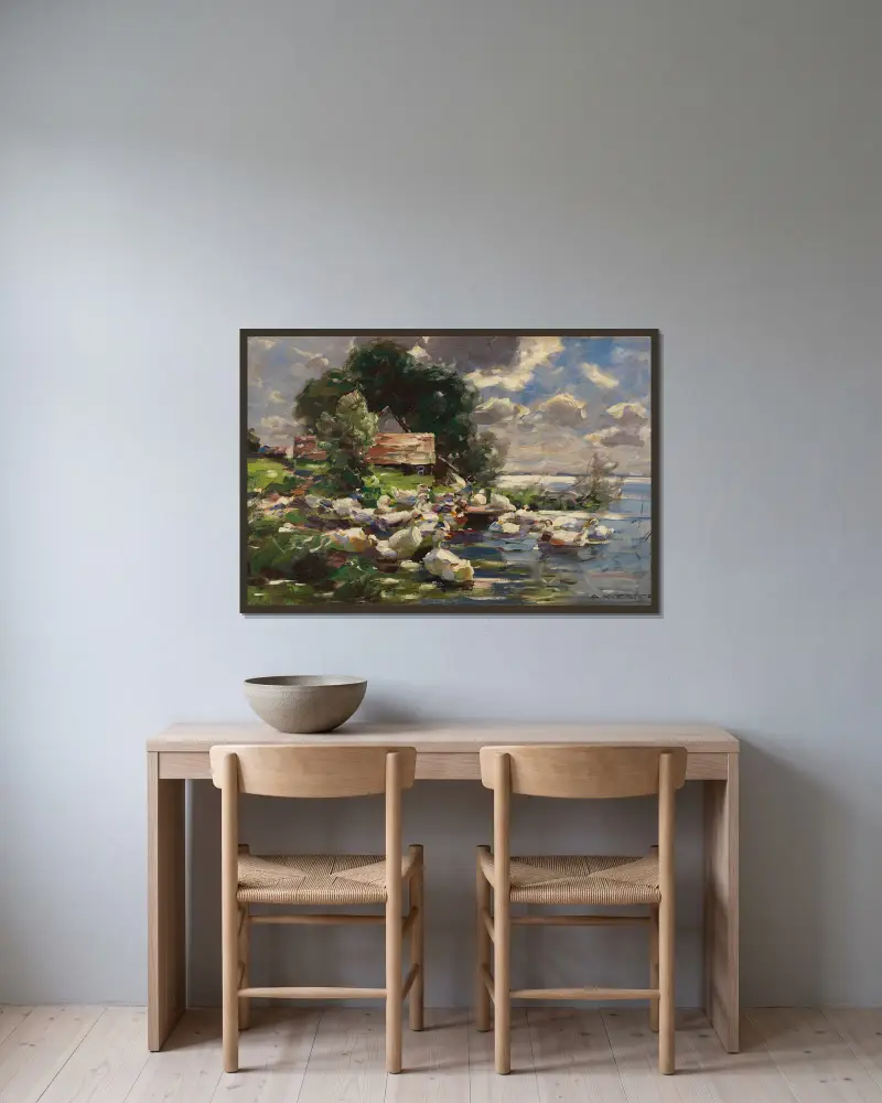 Kaczki nad jeziorem, Alexander Koester w ramie na ścianie