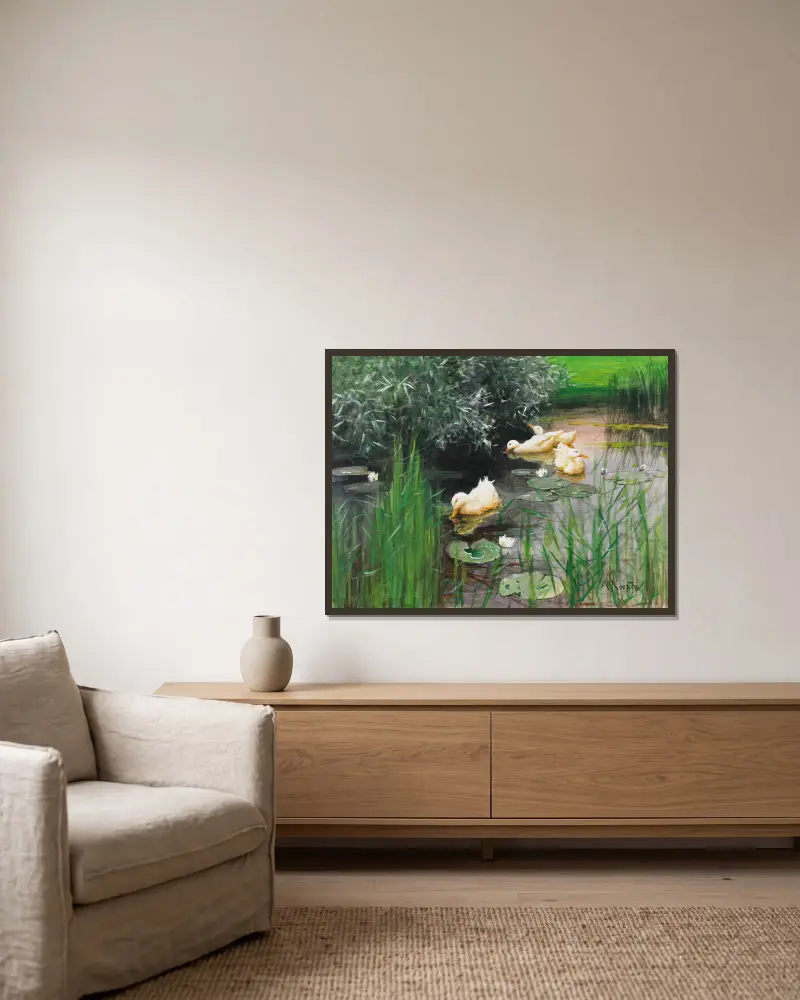 Enten im Seerosenteich von Alexander Koester gerahmt an einer Wand