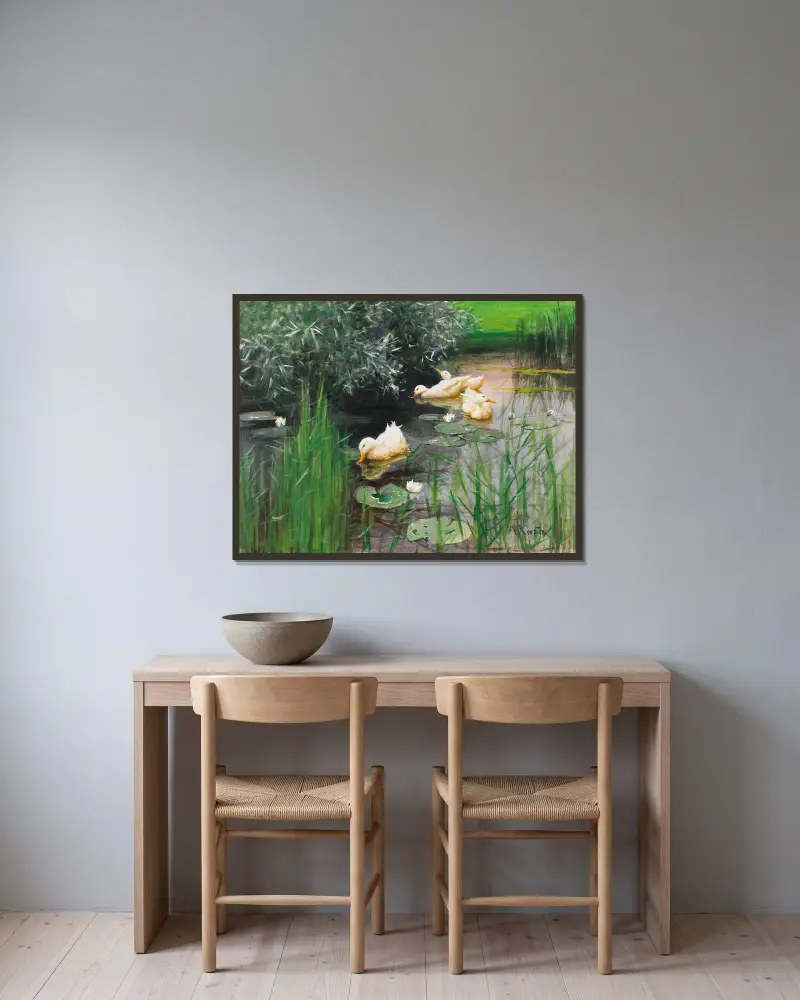 Enten im Seerosenteich von Alexander Koester gerahmt an einer Wand