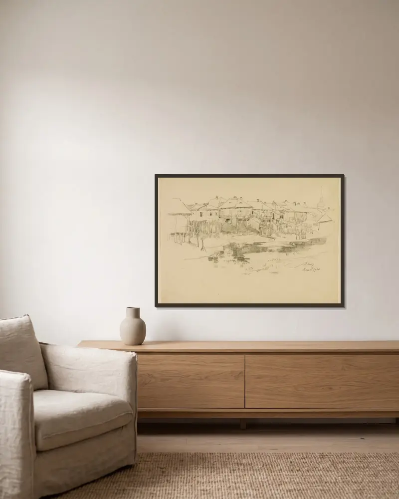 Kowel, fragment miasta av Alexander Mann inramad på en vägg
