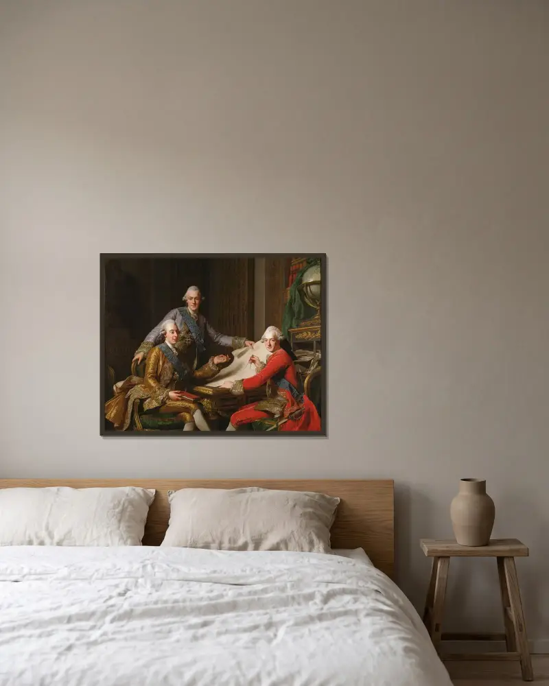 König Gustav III. von Schweden und seine Brüder von Alexander Roslin gerahmt an einer Wand