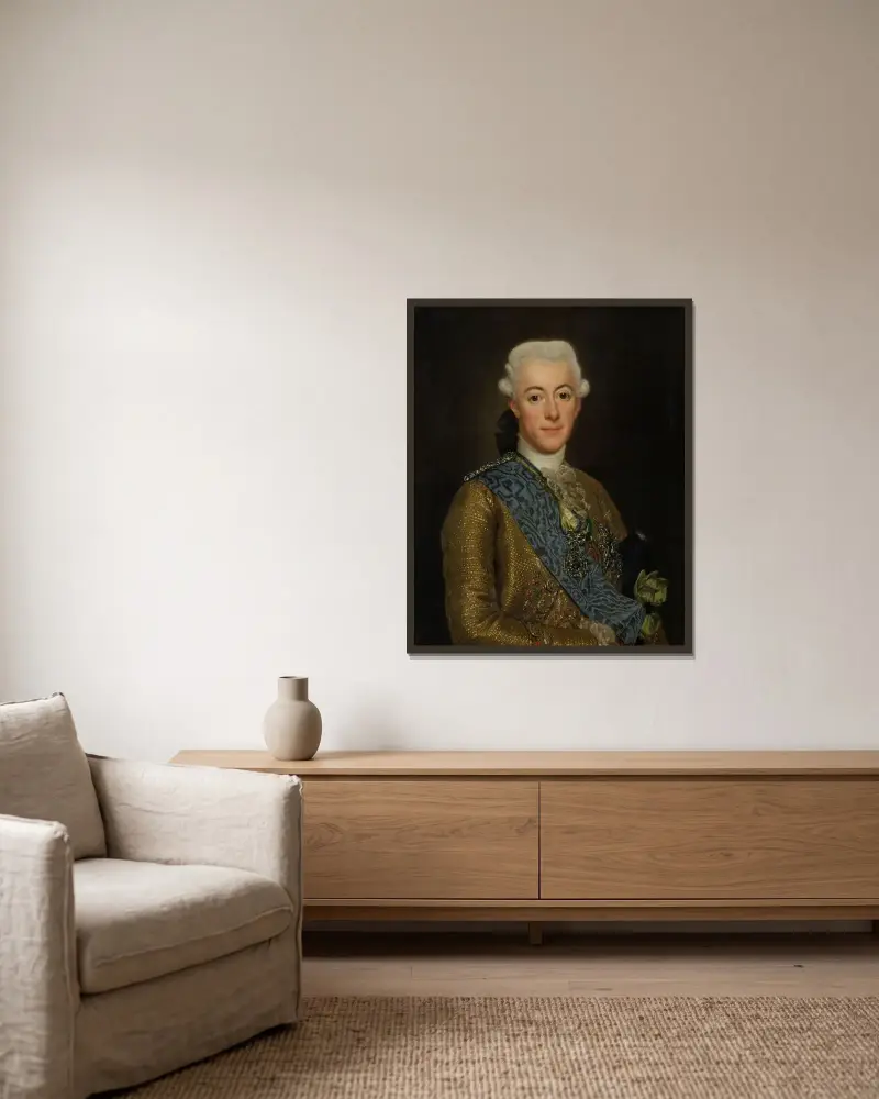 Kung Gustav III av Sverige av Alexander Roslin inramad på en vägg