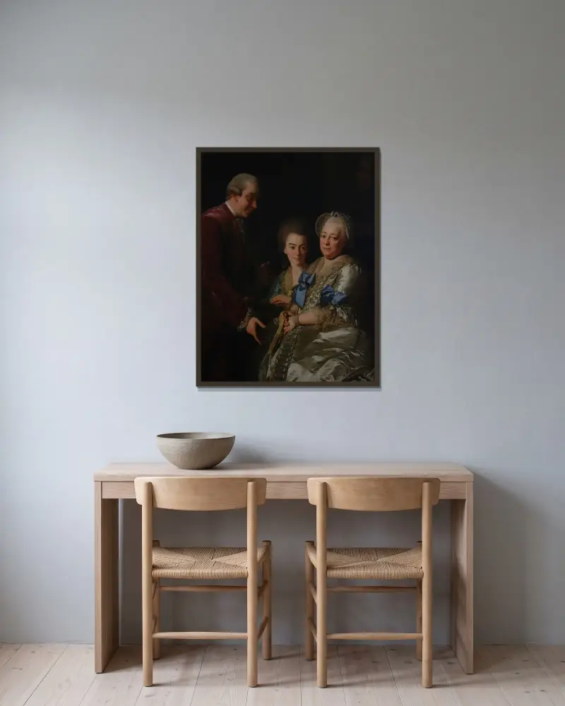 Änkan A J Grill med son och dotter av Alexander Roslin inramad på en vägg