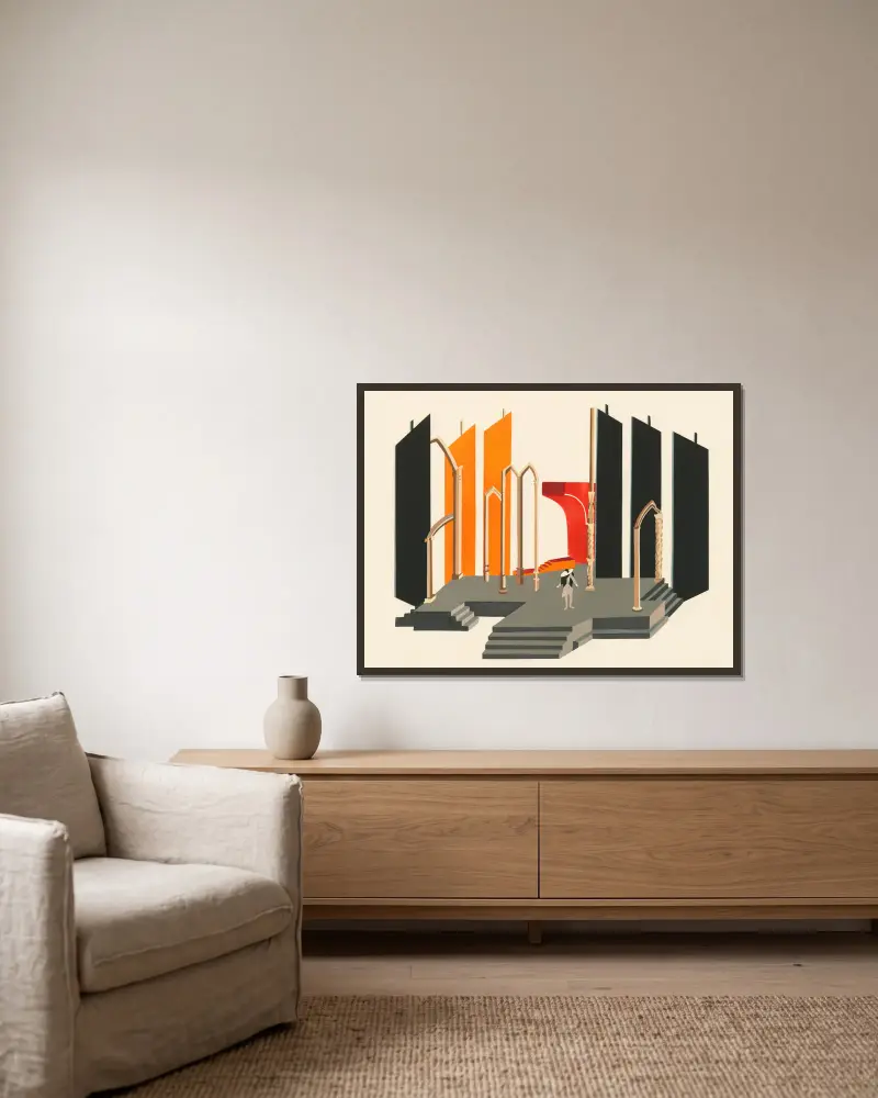 Theatermaquetten 2 von Alexandra Exter gerahmt an einer Wand