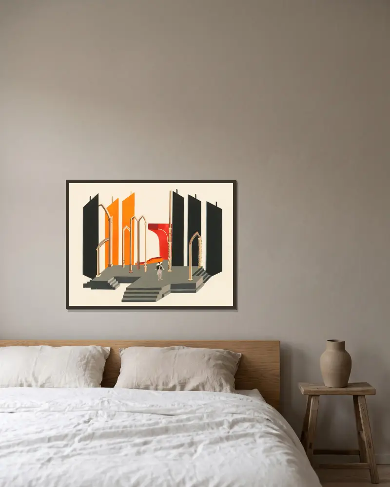 Theatermaquetten 2 von Alexandra Exter gerahmt an einer Wand