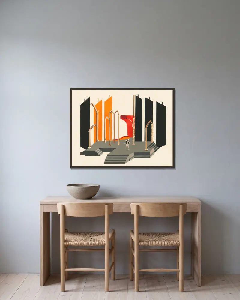 Theatermaquetten 2 von Alexandra Exter gerahmt an einer Wand