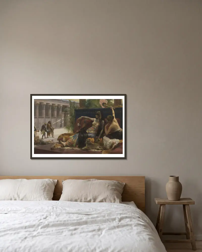 Kleopatra prövar gift på dödsdömda av Alexandre Cabanel inramad på en vägg