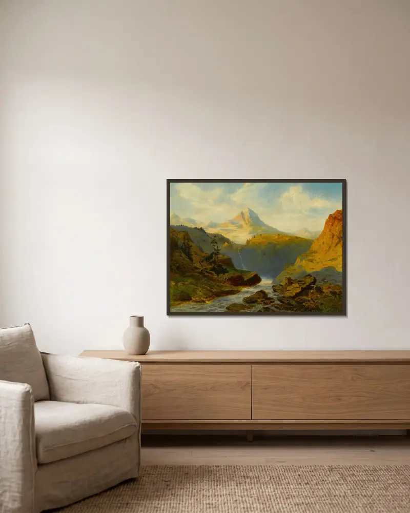 Řeka v Alpách, Alexandre Calame v rámu na stěně