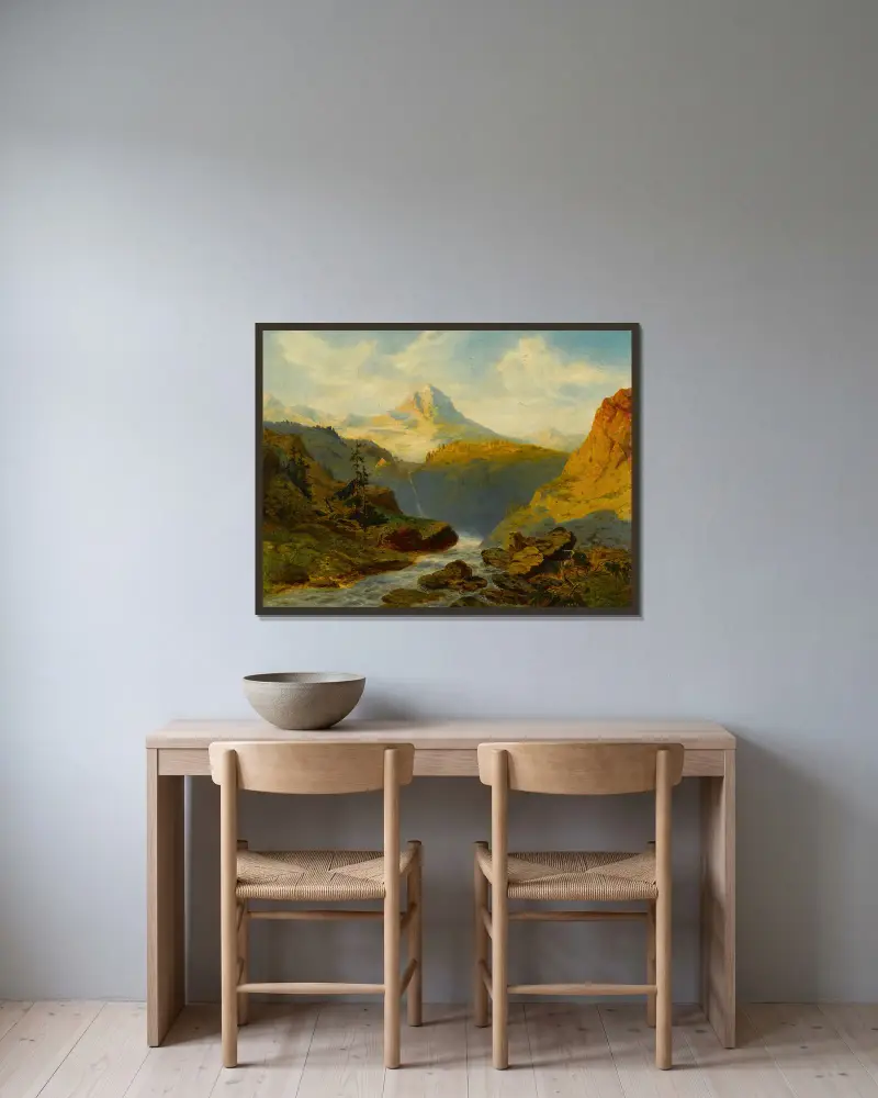 Řeka v Alpách, Alexandre Calame v rámu na stěně