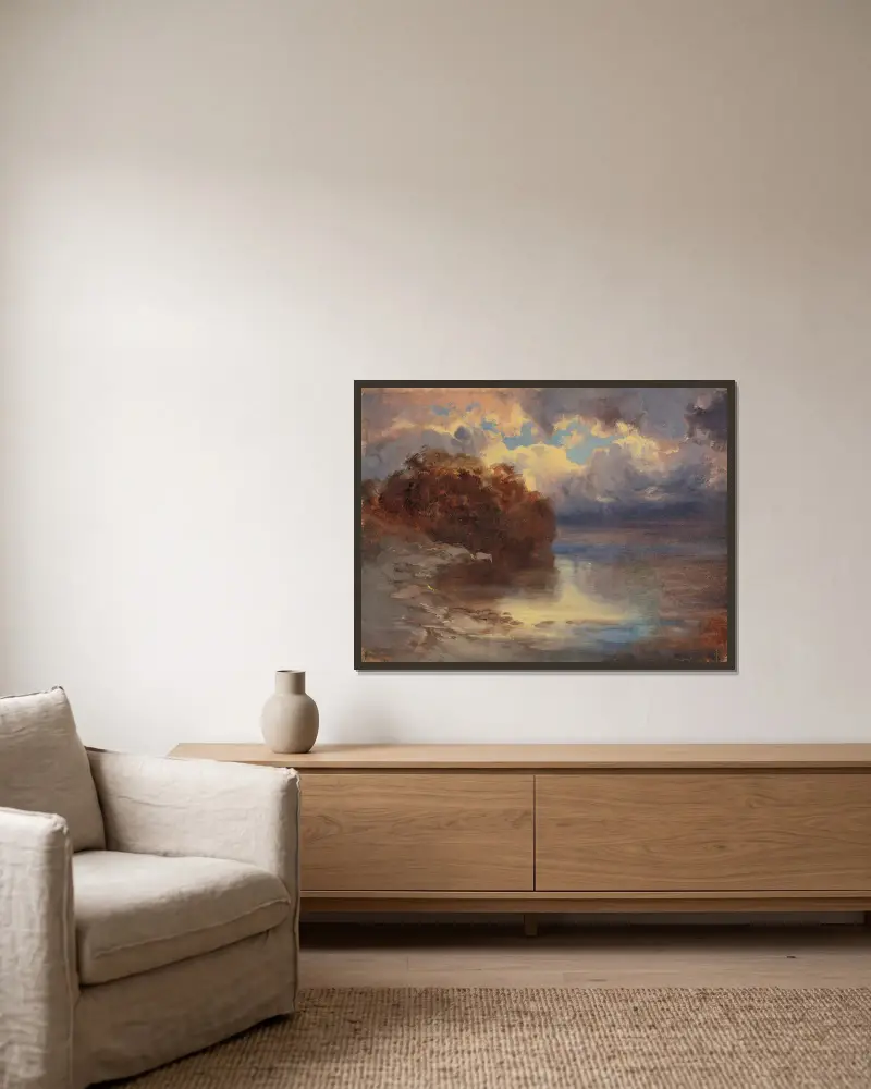 Sjöstrand med trädmassiv av Alexandre Calame inramad på en vägg