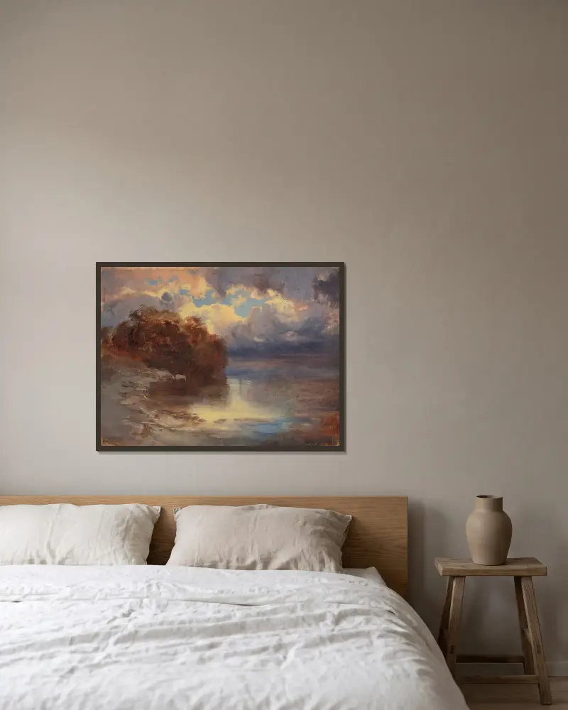 Sjöstrand med trädmassiv av Alexandre Calame inramad på en vägg