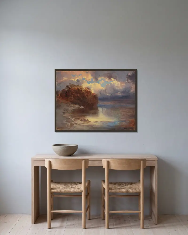 Sjöstrand med trädmassiv av Alexandre Calame inramad på en vägg