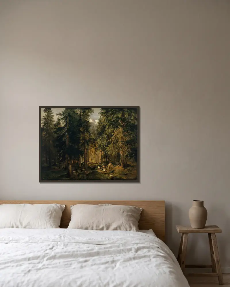 Skog i höga bergen med getflock av Alexandre Calame inramad på en vägg