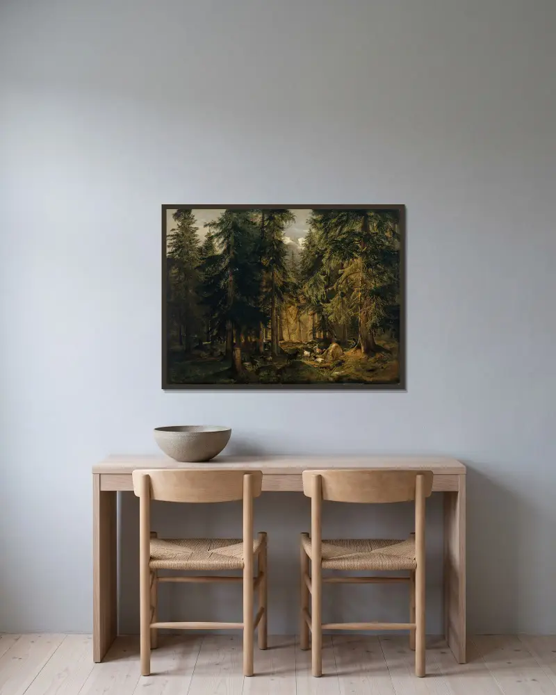 Skog i höga bergen med getflock av Alexandre Calame inramad på en vägg