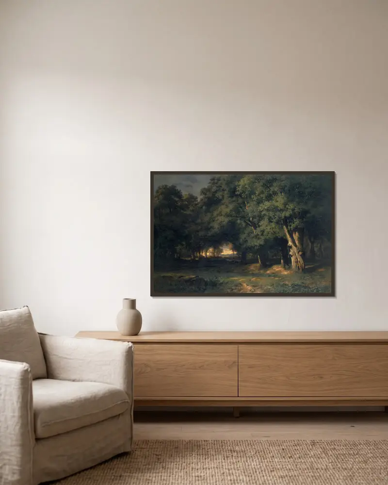 Lesní krajina s lovem na jelena, Alexandre Calame v rámu na stěně