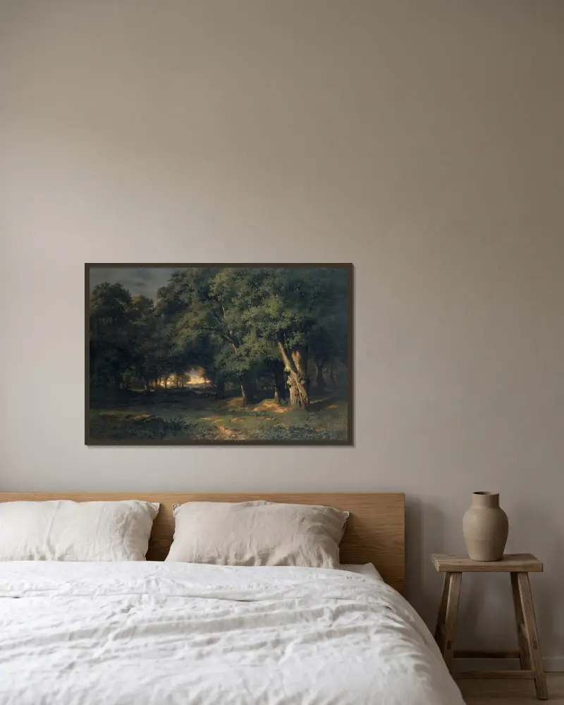 Lesní krajina s lovem na jelena, Alexandre Calame v rámu na stěně