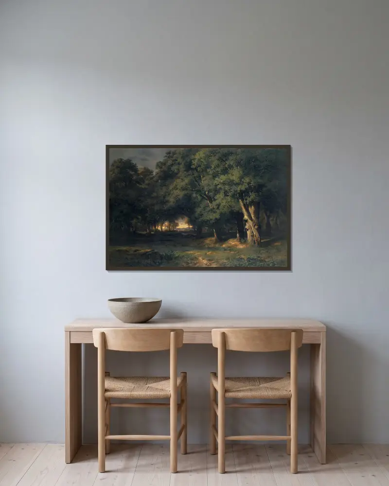 Lesní krajina s lovem na jelena, Alexandre Calame v rámu na stěně