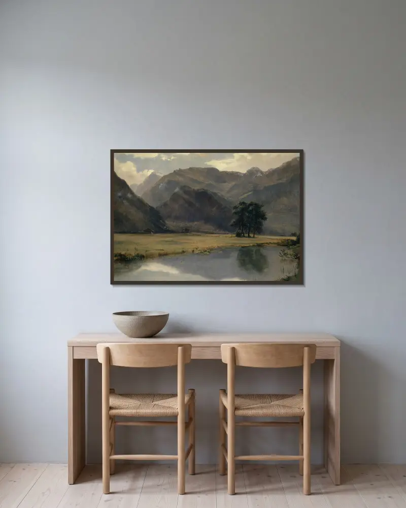 Landskap i kantonen Uri av Alexandre Calame inramad på en vägg