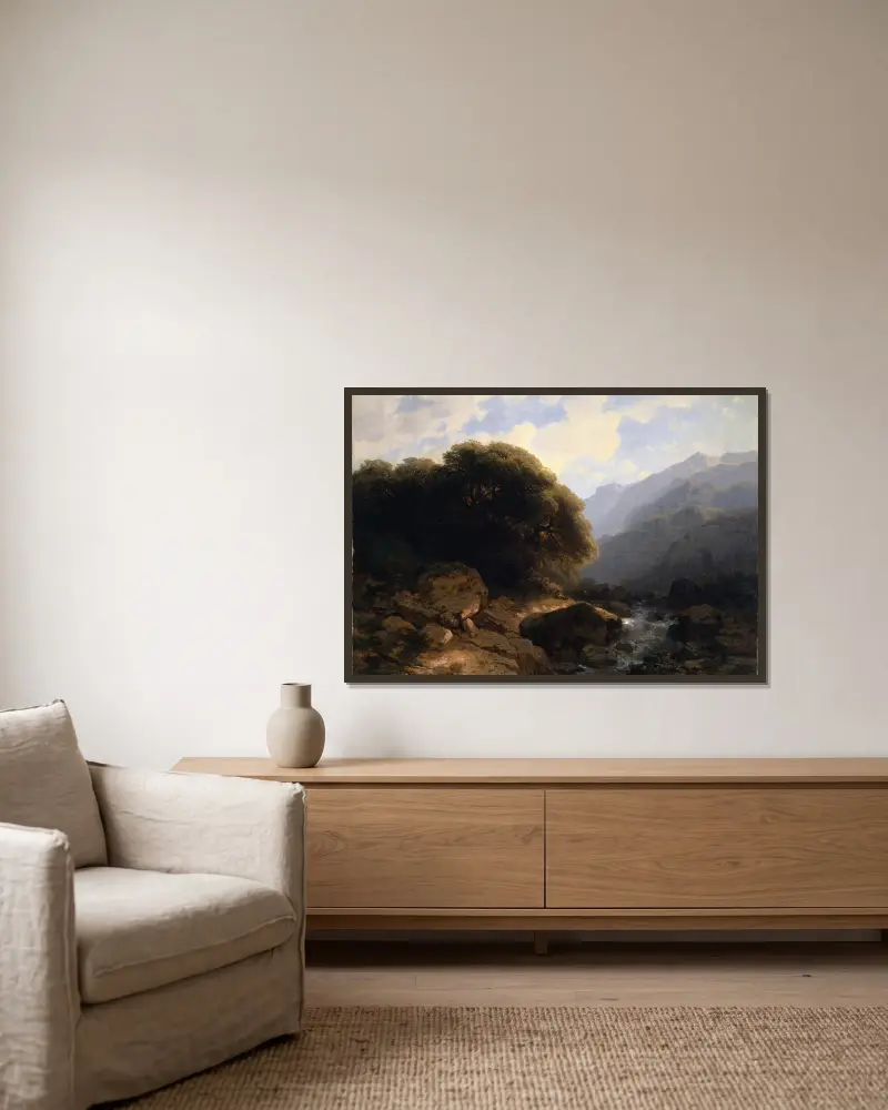 Minnen från Sallanches av Alexandre Calame inramad på en vägg