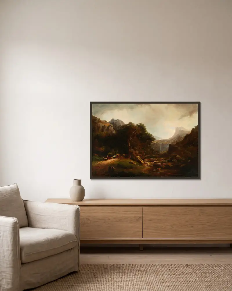 Horská krajina s vodopádem, Alexandre Calame v rámu na stěně