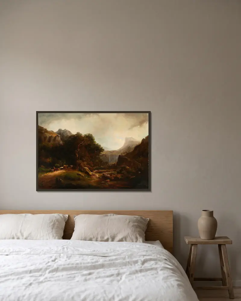 Horská krajina s vodopádem, Alexandre Calame v rámu na stěně