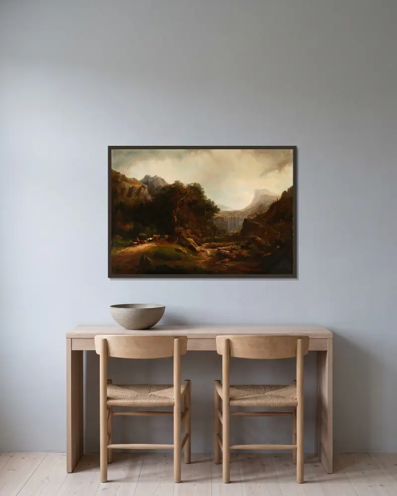 Horská krajina s vodopádem, Alexandre Calame v rámu na stěně