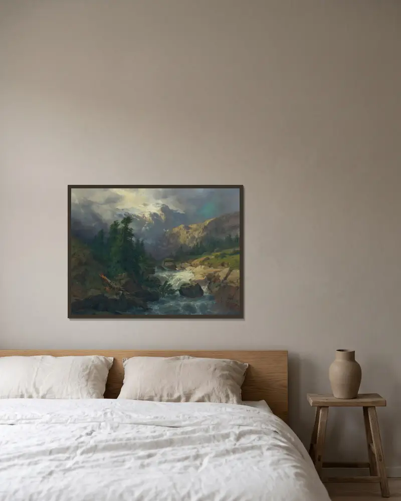 Minne från Handeck, stormväder av Alexandre Calame inramad på en vägg