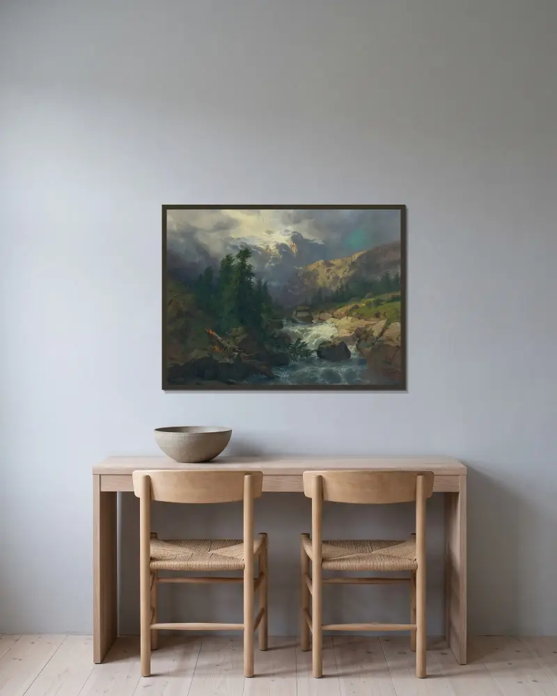 Minne från Handeck, stormväder av Alexandre Calame inramad på en vägg