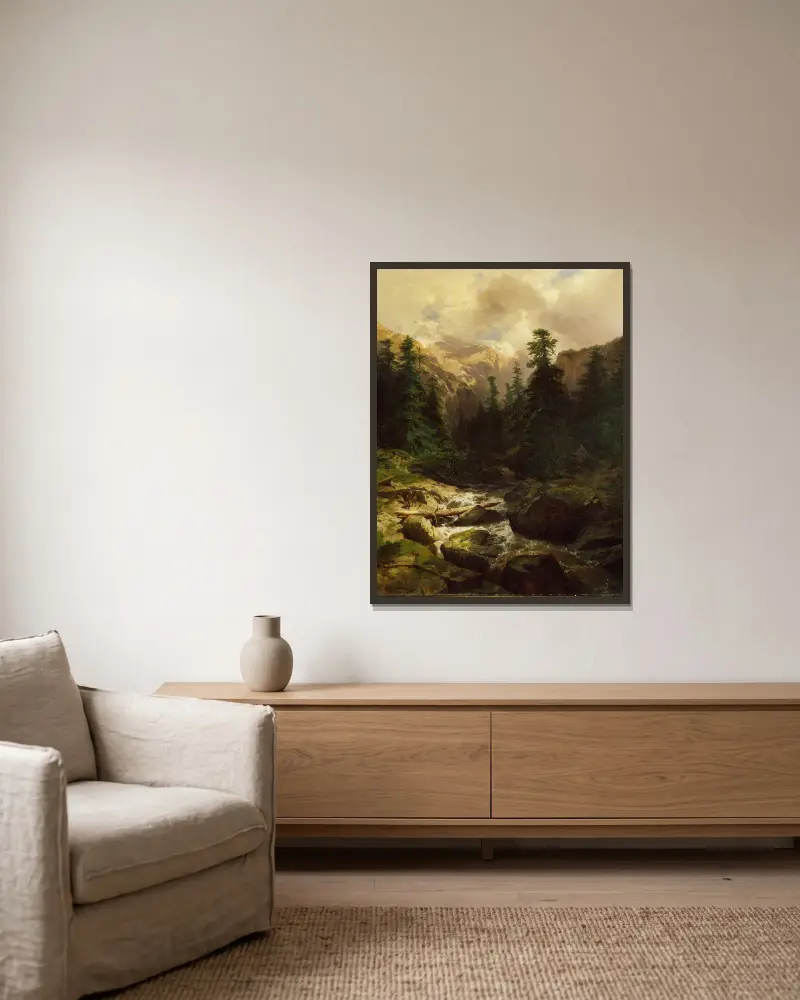 Minne från Rosenlaui, Schweiz av Alexandre Calame inramad på en vägg