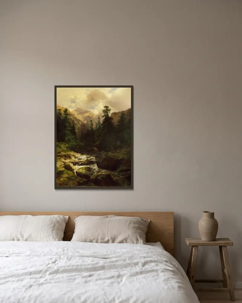 Minne från Rosenlaui, Schweiz av Alexandre Calame inramad på en vägg