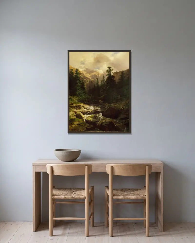 Minne från Rosenlaui, Schweiz av Alexandre Calame inramad på en vägg