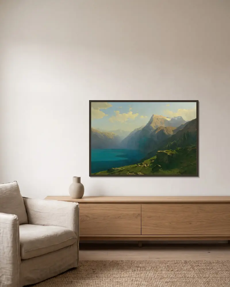 Utsikt över Vierwaldstättersjön från Seelisberg av Alexandre Calame inramad på en vägg