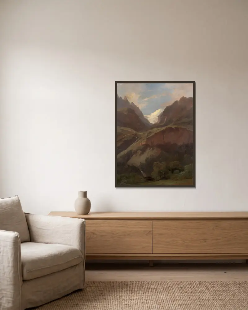 Utsikt över Wetterhorn och Reichenbach från Meiringen av Alexandre Calame inramad på en vägg
