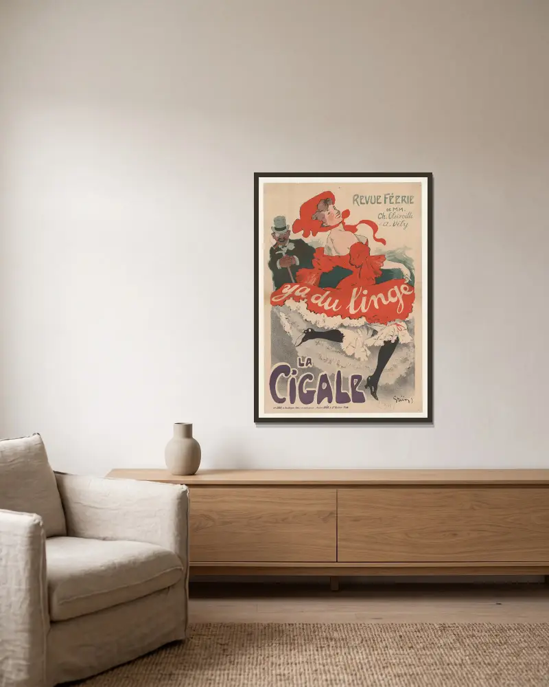 Revue féérie. Y a du linge. La Cigale von Jules-Alexandre Grün gerahmt an einer Wand