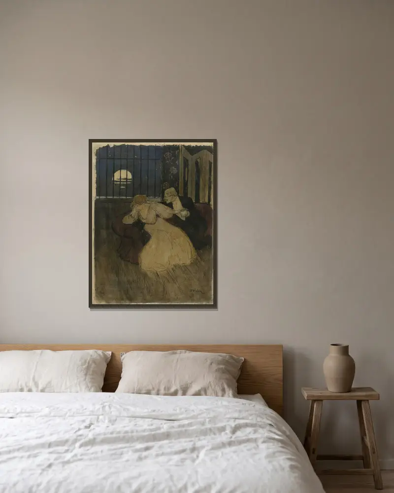 Heer in rok tracht een twijfelende dame op een sofa te overreden av Théophile Alexandre Steinlen inramad på en vägg